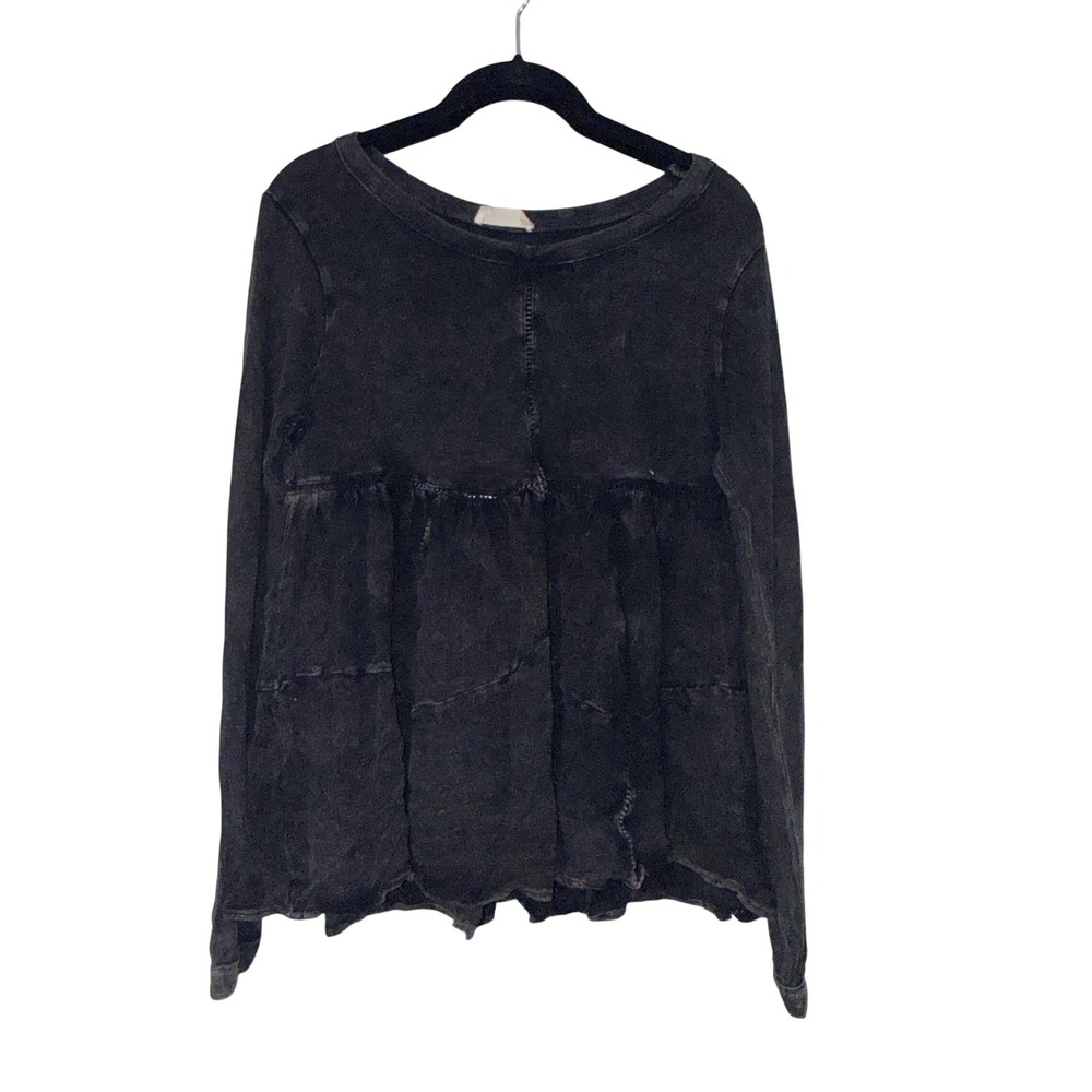 Altar'd State Babydoll Top Womens Small Black Acid Wash Cotton Blend Long Sleeve